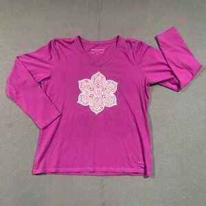 Life is Good Womens L Crusher Tee Long Sleeve Purple Lotus Flower V Neck Cotton